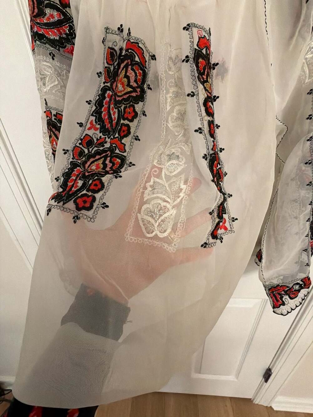 Vintage Sheer Embroidered Peasant Blouse White Floral Folk Style - Picture 2 of 11